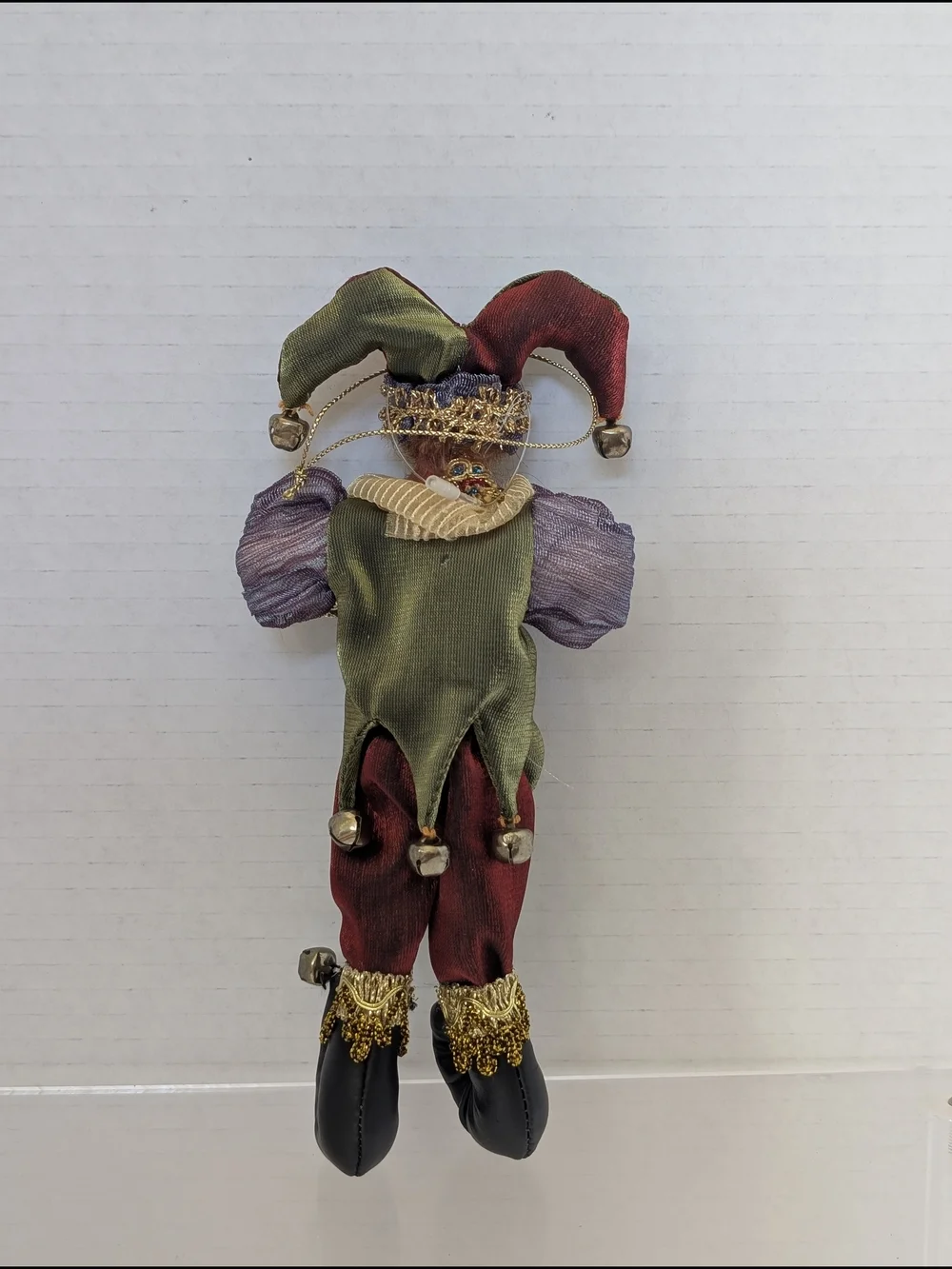 Handcrafted Jester Doll Ornament in Green, Red & Purple